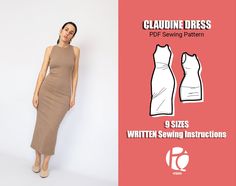 a woman standing next to a white wall and wearing a tan dress with the text glamine dress sewing pattern