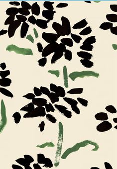 black and green flowers on a white background with brush strokes in the form of paint