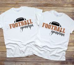 Celebrate your family's love for football with our Matching "Football Grandma" and "Football Grandpa" T-Shirts! Perfect for the proud grandparents cheering from the sidelines, these shirts are a great way to showcase your support for your favorite little athletes or favorite football team. Crafted from soft, high-quality cotton, these t-shirts offer comfort and style, making them perfect for game day or any casual outing. The playful, bold lettering stands out, making it clear who the biggest fans in the family are! Whether it's for a special occasion like Grandparents Day, a birthday, or just because, these matching shirts make a thoughtful and fun gift. .: Made with 100% ring-spun cotton, a lightweight fabric (4.5 oz/yd² (153 g/m this unisex t-shirt feels like a bliss to wear all year ro White Team Spirit T-shirt For Football Season, White T-shirt For Football Season, Team Spirit, White Family Matching T-shirt With Team Name, White T-shirt With Heat Transfer Vinyl For Football Season, White Custom Print T-shirt For Game Day, White T-shirt With Heat Transfer Vinyl For Game Day, Football Season Sports Fan T-shirt With Custom Print, White Sports Season T-shirt With Name Print, Sports Season White T-shirt With Name Print