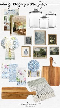 a collage of blue and white items with words above them