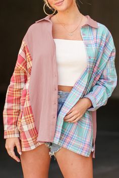 F00134799-103 Casual Coats For Women, Color Block Shirts, Loose Fit Blouse, Straight Clothes, Color Block Top, Long Sleeve Plaid, Pink Plaid, Casual Coat, Matching Top