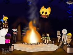 cartoon characters sitting around a campfire at night