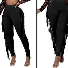 Elastic High Waist Pant Fringe/ Tassels Sides 95% Poly 5% Spandex Wholesale Packaged New Without Tags Black Fringe Bottoms For Fall, Stretch Bottoms With Fringe For Fall, Casual Party Bottoms With Fringe, Fall Stretch Bottoms With Fringe, Fall Bottoms With Fringe And Stretch, Casual Stretch Bottoms With Fringe, Stretch Black Bottoms With Fringe, Black Stretch Bottoms With Fringe, Black Stretch Fringe Bottoms