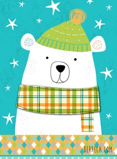 a polar bear wearing a green hat and scarf