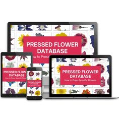 three laptops, tablet and phone with the words pressed flower database on them