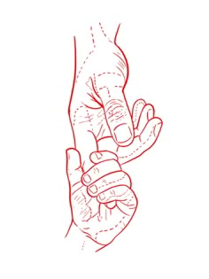 a drawing of a hand holding something in it's right hand with the other hand pointing