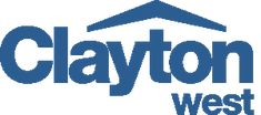 the clayton west logo is shown in blue and white, with an arrow above it