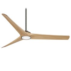 a ceiling fan that is made out of wood and has two blades on the blade