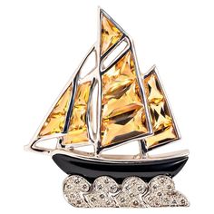 It is said that a brooch is the purest expression of the jeweler’s art. In this buoyant Cartier piece the careful cutting of the citrines captures the essence of a boat under full sail. The onyx hull glides along swelling waves composed of 26 round diamonds. 1” x ¾” Calibré cut citrines 26 round diamonds One buff-top onyx plaque 18K yellow gold Signed Cartier French Riviera Style, Temple Jewellery Earrings, Vintage Jewlery, Art Deco Brooch, Gold Sign, Cartier Jewelry, Antique Brooches, Diamond Brooch, Gold Brooches