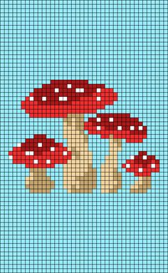 three red mushrooms on a blue background in pixell style cross - stitch pattern for children's t - shirts