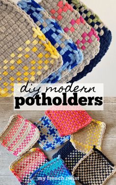 woven potholders with text overlay that says diy modern pot holders in different colors