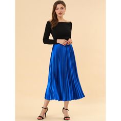 Accordion pleats enhance the dimension and movement of this midi skirt, while the metallic design underscores its sleek style. It's pleated all around for this trending midi skirt. Feel free to pair it with black block-heel sandals. Whether you're dressing up or down, this skirt is perfect for any occasion. A casual and simple style, never out of fashion, is a must-have item in your wardrobe. A-line Pleated Maxi Skirt For Party, Party Maxi Skirt With Folds, Spring Night-out Skirt With Folds, Spring Night Out Skirt With Folds, Fall Party Pleated Maxi Skirt, Flowy A-line Pleated Skirt For Party, Spring Party Skirt With Folds, Party Flared Skirt With Folds, Party Midi Skirt With Folds