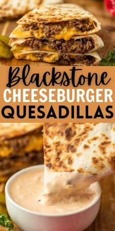 black stone cheeseburger quesadillas on a cutting board with dipping sauce