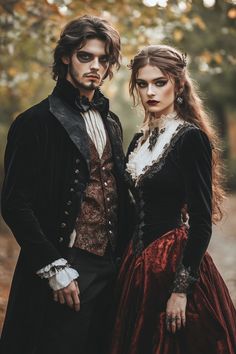 a man and woman dressed in period costumes