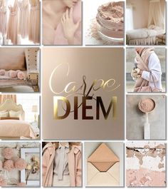 a collage of photos with pink and gold accents on it's sides, including the words carpo diem