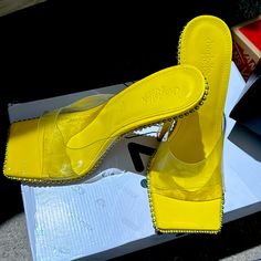 Beautiful Yellow Heels.Purchased Them At Charlotte Russe.They Are A Size 8.These Were Worn One Time,Looks Brand New Yellow Heels, Gladiator Heels, Jimmy Choo Heels, Swim Shoes, Kitten Heel Pumps, Leather Cap, Patent Leather Pumps, Distressed Black Jeans, Chanel Black