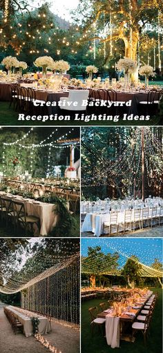 a collage of photos with tables and chairs in the middle, surrounded by lights