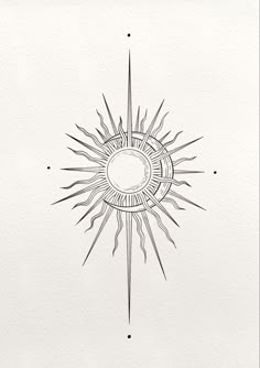 a black and white drawing of a sun with rays coming out of the center, on paper