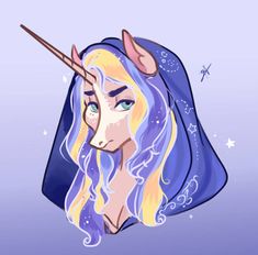 a drawing of a unicorn with long blonde hair and blue eyes, wearing a purple cape