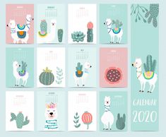 a calendar with llamas and cacti in different colors on the same page