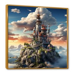 a painting of a castle on top of a mountain with clouds in the sky above it