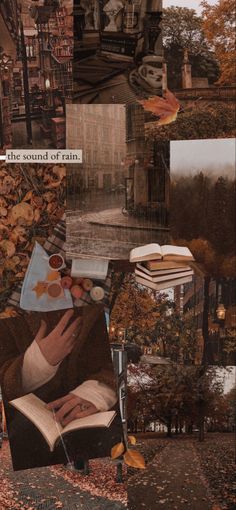 an altered collage with many different pictures and words on it's side, including a man reading a book