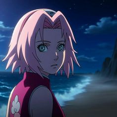 an anime character with pink hair standing in front of the ocean