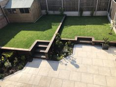 a backyard with grass and steps leading to the back yard area is seen from above