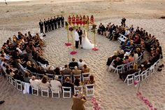 an aerial view of a wedding ceremony on the beach with people standing in front of it