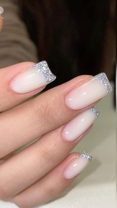 Nail Ideas With Glitter Sparkle, White French Tip Nails With Glitter, Sparkling French Nails, French Nails Glitter Sparkle, Square Trendy Nails, Glitter Nails Square, Glitter Square Nails, Gel Nails Easter, Nails For Graduation Pictures