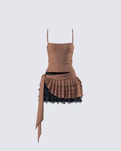 Dovie Multi Ruffle Layered Skirt – FINESSE Brown Cami Top, Closet Model, Brown Cami, Summer Night Outfit, Pool Party Outfits, Strapless Ruffle Dress, Preformance Outfits, A Line Mini Skirt, Tumblr Fashion