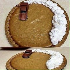 two pictures of a pumpkin pie with white frosting and a car on the top