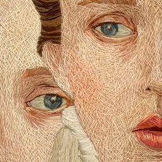 two people with different colored eyes are depicted in this artistic drawing by an artist who uses yarn to create their faces