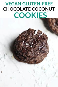 vegan gluten - free chocolate coconut cookies on a white surface with text overlay