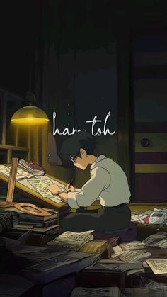 a man sitting in front of a desk with papers on top of it and the words han toh above him