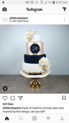 a three tiered cake with blue and pink frosting on the top is featured in instagram