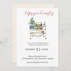 a holiday party card with wine bottles on a bar cart and pine tree in the background