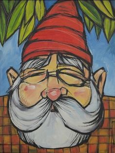 a painting of a gnome with glasses and a red hat on his head, sitting under a tree