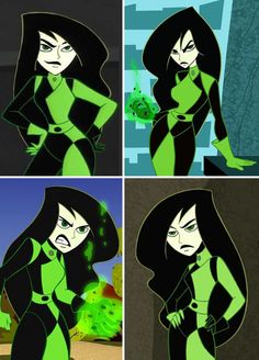 the animated character is wearing green and black