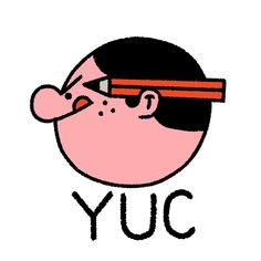 the word yuc is written in black and red with an image of a man's head