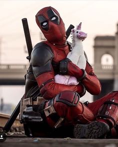 a man dressed as deadpool holding a cat and sitting on the ground in front of a bridge