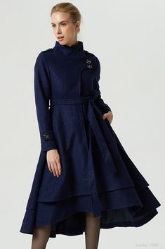 vintage inspired navy blue tiered wool coat 1981 – xiaolizi Belted Wool Coat, Gothic Coat, Green Wool Coat, Asymmetrical Coat, Navy Blue Coat, Tailored Clothes, Handmade Skirts, Wool Coat Women, Long Wool Coat