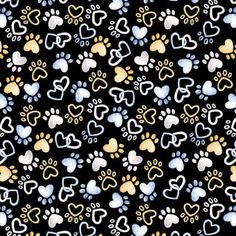 a black background with white and yellow hearts, paw prints and dog's footprints