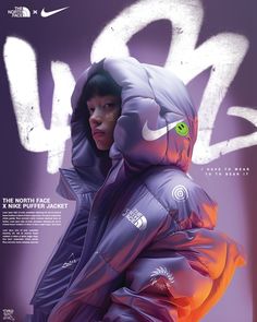 a woman wearing a purple jacket with the word nike painted on her face and hood