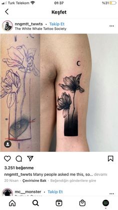 two tattoos with flowers on them, one is black and the other has white ink