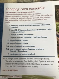 a recipe book with instructions on how to make corn casserole