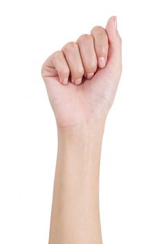 a woman's arm with her fist raised in the air, on a white background