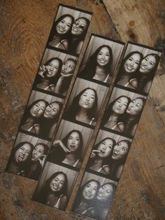 four pictures of women with different expressions are arranged on a wooden surface and placed next to each other