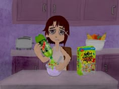 a cartoon girl holding a blender in her hand and mixing it into a bowl