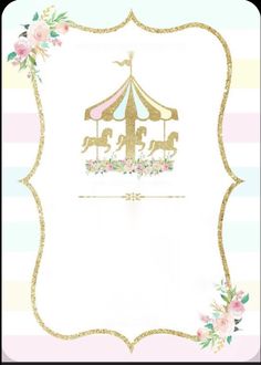 a pink and gold carousel with flowers on it's sides is in the middle of a frame